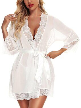 Women Lace Kimono Robe Babydoll Chemise Lingerie Bride Robe for Wedding Party